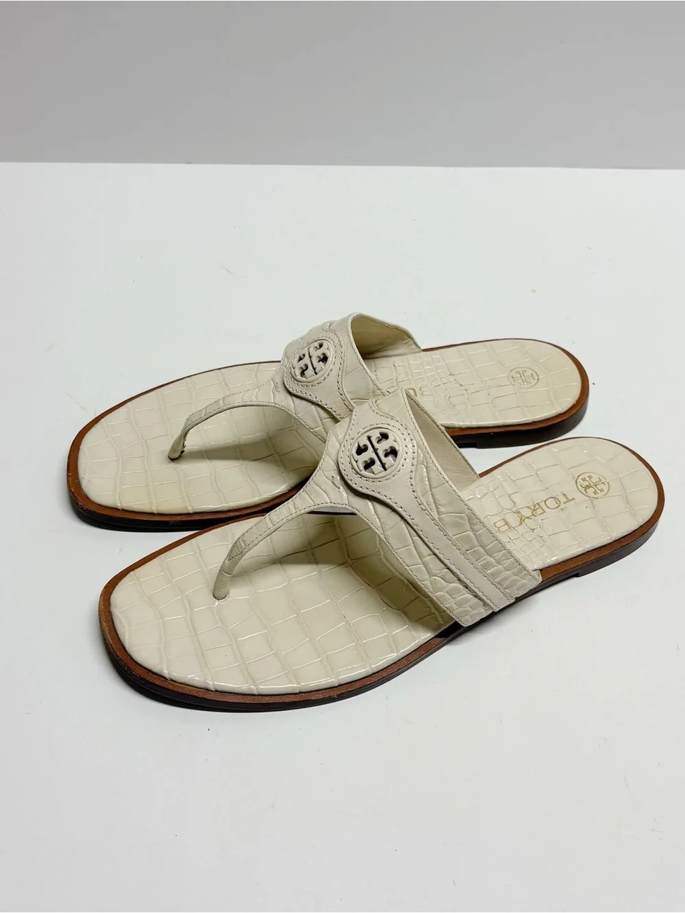 Tory Burch Cream Croc-Embossed Thong Logo Sandals
